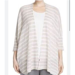 Eileen Fisher Womens Open Front Striped Knitted Tan White Long Sleeve Sweater OS